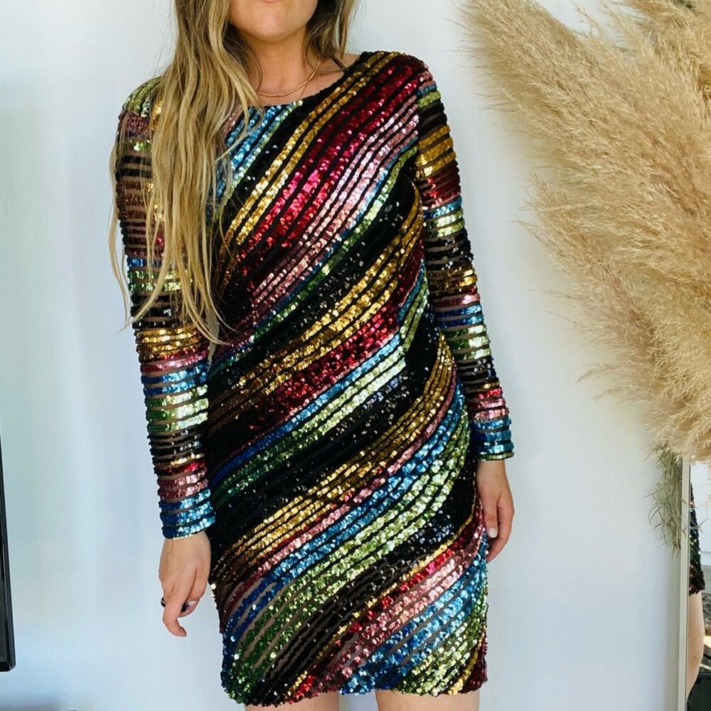 ALCOOLIQUE Peyton Tubolar Black Rainbow Stripe Sequin Mesh Mini Backless Dress 4